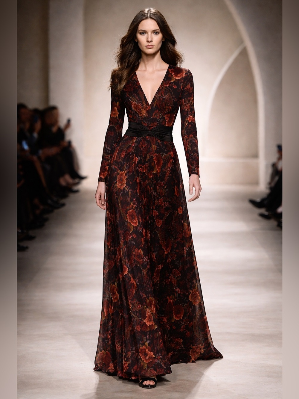 Coldwater Creek V-Neck Velvet Floral Elegant Long Sleeves Maxi Dress Size 16